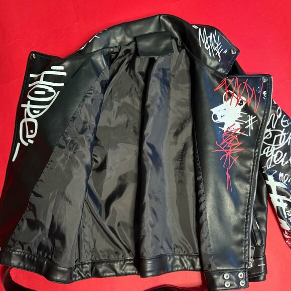 Graffiti Print Faux Leather Jacket – Punk Style Black Moto, Size M, Unique - Picture 8 of 11